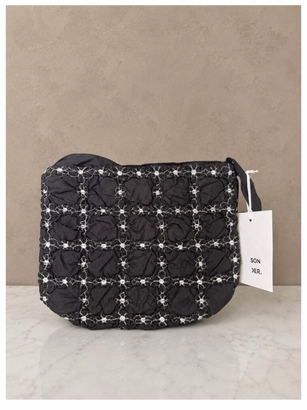 Damson Madder Minnie shirred Black Shoulder Bag with Embroidered Detail